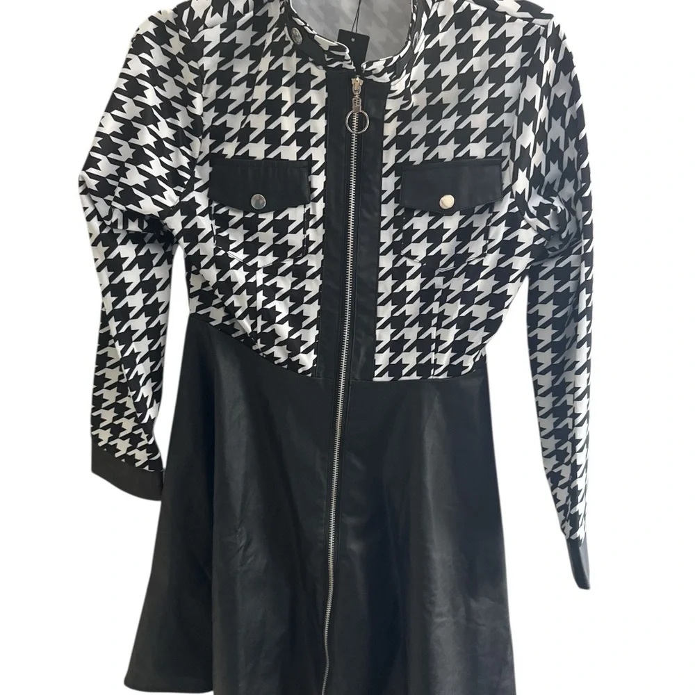 Allegra K‎ New With Tags Faux Leather Black Houndstooth Dress Size Small Zipper